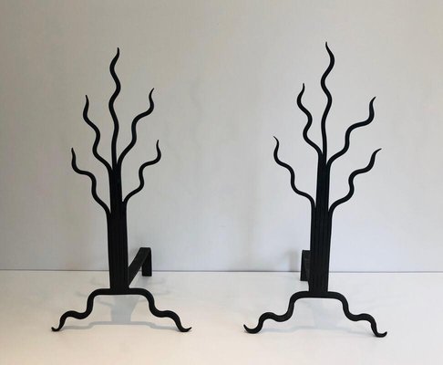 Wrought Iron Shrubs Andirons, France, 1970s, Set of 2-BA-874691