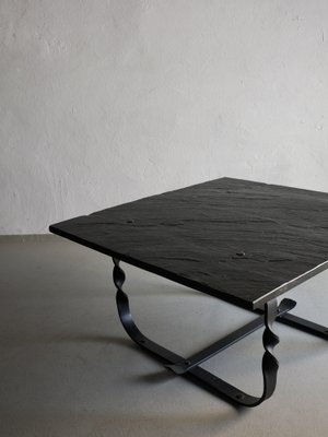 Wrought Metal and Black Stone Square Coffee Table, France, 1970s-UAO-1819495