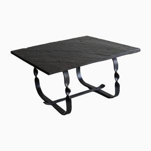 Wrought Metal and Black Stone Square Coffee Table, France, 1970s-UAO-1819495