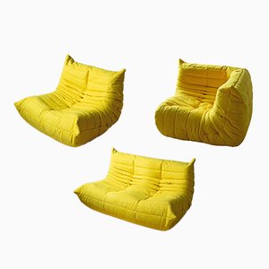 Yellow Microfiber Togo Lounge Chair, Corner Chair and 2-Seat Sofa by Michel Ducaroy for Ligne Roset, Set of 3-IXA-624543