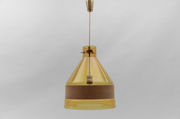 Yellow Tinted Glass Pendant Lamp with Leather by J.T. Kalmar, Austria, 1970s-KQB-1720855