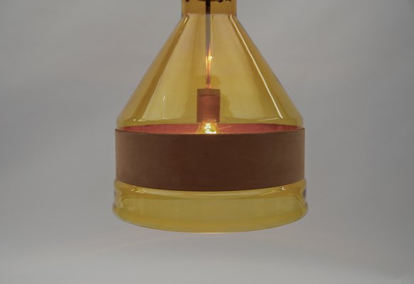 Yellow Tinted Glass Pendant Lamp with Leather by J.T. Kalmar, Austria, 1970s-KQB-1720855