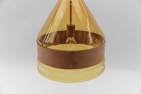 Yellow Tinted Glass Pendant Lamp with Leather by J.T. Kalmar, Austria, 1970s-KQB-1720855