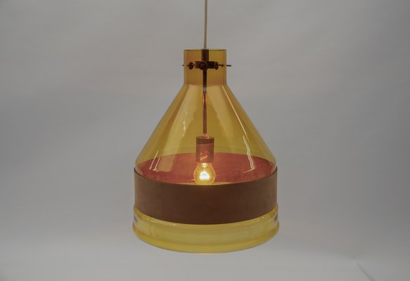 Yellow Tinted Glass Pendant Lamp with Leather by J.T. Kalmar, Austria, 1970s-KQB-1720855