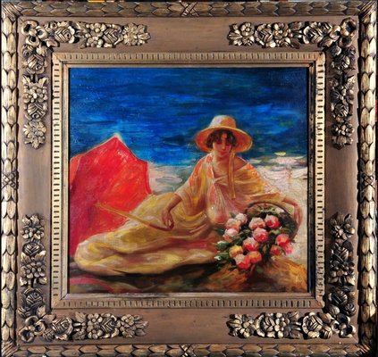 Young Lady with Flower, Oil Painting, 1920s-QOR-2026892