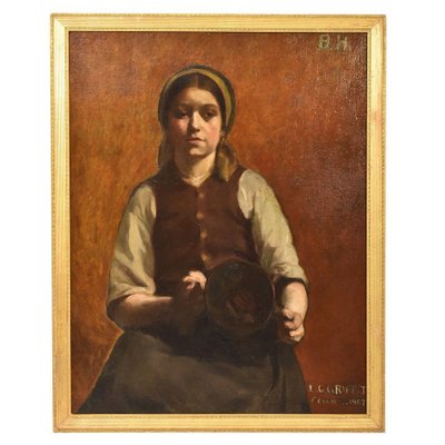 Young Woman Portrait with Copper Vase, Oil Painting, Early 20th Century-YVI-888723