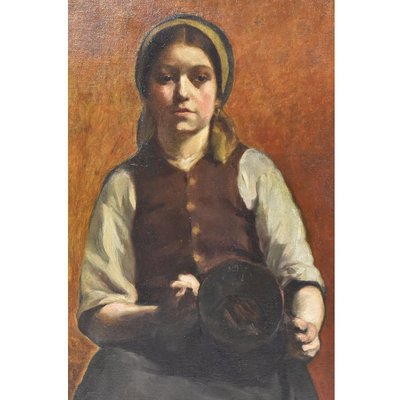 Young Woman Portrait with Copper Vase, Oil Painting, Early 20th Century-YVI-888723