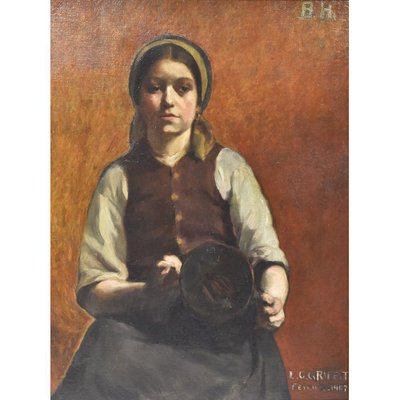 Young Woman Portrait with Copper Vase, Oil Painting, Early 20th Century-YVI-888723