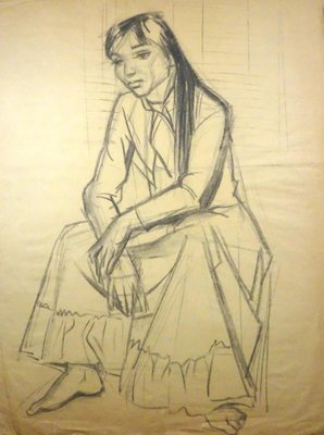 Young Woman Sitting - Charcoal Drawing by Gio Colucci - 20th Century Mid 1900-ZCI-755049