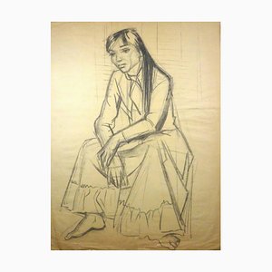 Young Woman Sitting - Charcoal Drawing by Gio Colucci - 20th Century Mid 1900-ZCI-755049