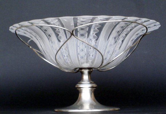 Zanfirico Glass and Silver Italian Murano Bowl from Barovier & Toso, 1950s-KGD-754204