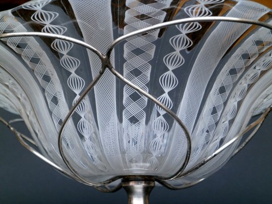 Zanfirico Glass and Silver Italian Murano Bowl from Barovier & Toso, 1950s-KGD-754204