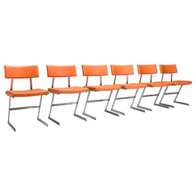 Zig Zag Chairs in Metal and Orange Leatherette, Belgium, 1960s, Set of 6-QT-1704356