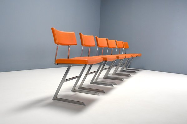 Zig Zag Chairs in Metal and Orange Leatherette, Belgium, 1960s, Set of 6-QT-1704356