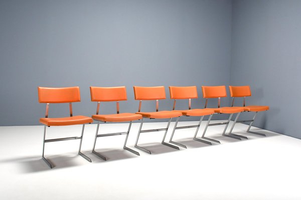 Zig Zag Chairs in Metal and Orange Leatherette, Belgium, 1960s, Set of 6-QT-1704356