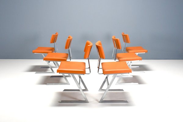 Zig Zag Chairs in Metal and Orange Leatherette, Belgium, 1960s, Set of 6-QT-1704356