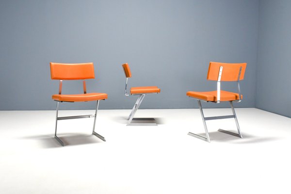 Zig Zag Chairs in Metal and Orange Leatherette, Belgium, 1960s, Set of 6-QT-1704356