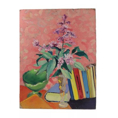 Zigfrīds Vēžnieks, Still Life with a Flower and Books, Oil on Cardboard-WMV-1127683