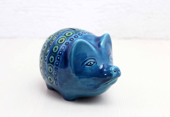 Zoomorphic Ceramic Pig Piggy Bank in Blue by Bitossi for Rimini, Italica Ars, 1970s-BQF-2024784